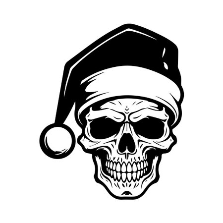 Artistic illustration of a skull adorned with a Santa hat, perfect for holiday-themed graphic designs or unique festive decorations.のイラスト素材