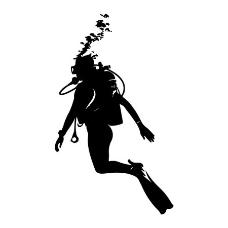 A striking silhouette of a diver gracefully swimming under crystal-clear ocean waters, surrounded by rising bubbles, portraying freedom and adventure.のイラスト素材