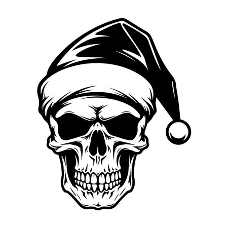 This striking illustration features a skull adorned with a Santa hat, blending festive and macabre elements, perfect for holiday-themed designs.のイラスト素材