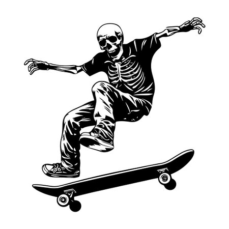 This striking illustration features a skeleton skateboarder capturing a moment of action and fun, ideal for creative projects and merchandise design.のイラスト素材
