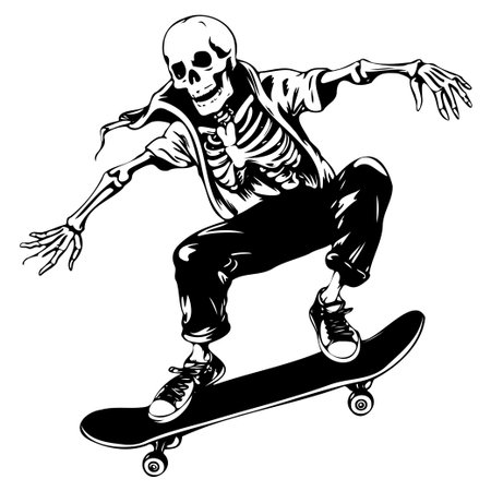 A stylized black and white illustration of a skeleton skateboarding, capturing the essence of fun and adventure in an urban environment.のイラスト素材