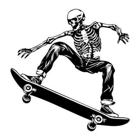 This striking illustration features a skeleton performing a skateboard trick, embodying the thrill and artistry of urban skating culture.のイラスト素材