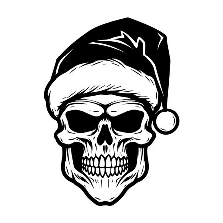A striking illustration of a skull adorned with a Christmas hat, blending holiday cheer with gothic elements. Perfect for festive designs.のイラスト素材