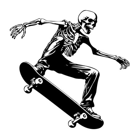 Capture the spirit of thrill and creativity with this dynamic skeleton skating on a skateboard. A unique black-and-white illustration perfect for various artistic projects.のイラスト素材