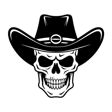 A striking design featuring a skull adorned with a cowboy hat, perfect for Western-themed art or merchandise that captures rugged charm.のイラスト素材