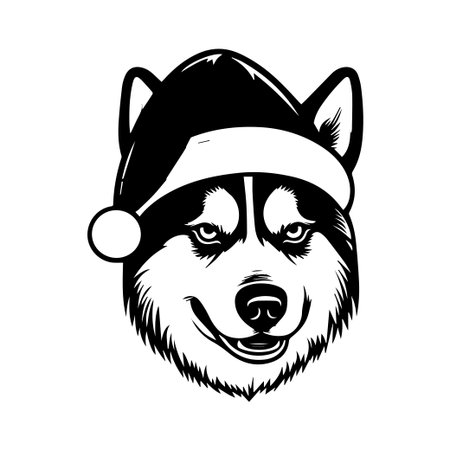 This charming black and white illustration of a husky dog in a Santa hat captures the festive spirit of the holiday season. Perfect for various decorative uses.のイラスト素材