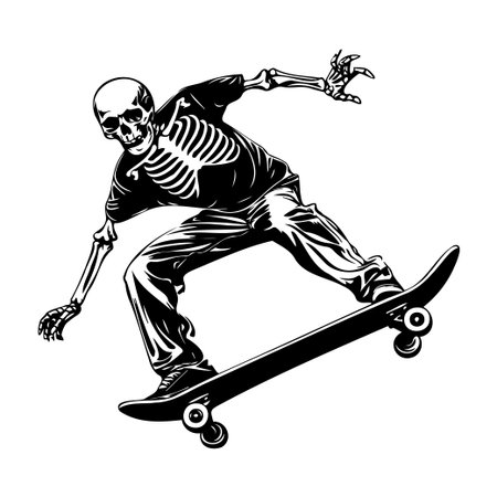 This black and white illustration depicts a dynamic skeleton skateboarder performing tricks. Perfect for creative projects, Halloween themes, or youth culture.のイラスト素材
