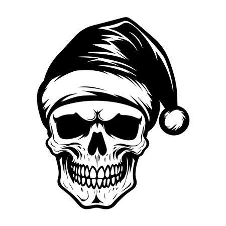 This striking illustration features a skull adorned with a festive Santa hat, blending Halloween and Christmas themes in a unique design ideal for various creative projects.のイラスト素材
