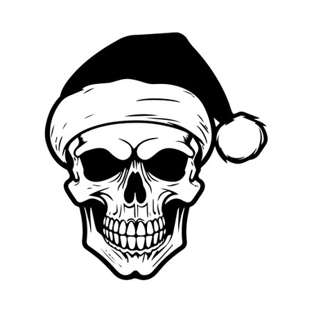This unique graphic features a skull adorned with a Santa hat, blending holiday cheer with an edgy twist. Ideal for festive designs and merchandise.のイラスト素材