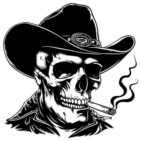 Edgy illustration of a skull wearing a cowboy hat and smoking a cigarette, embodying a tough and rebellious spirit perfect for various design projects.のイラスト素材