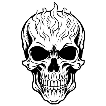 A detailed illustration of a skull with flames, perfect for creative projects, tattoos, or Halloween themes, showcasing artistry and expression.のイラスト素材