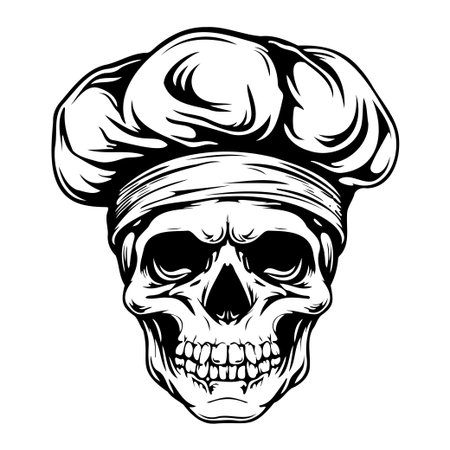 This striking black and white illustration features a skull wearing a chef's hat, blending culinary themes with gothic elements for unique decor.のイラスト素材