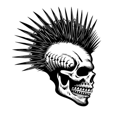 This striking illustration depicts a punk skull with elaborate spiked hair, perfect for creative projects, merchandise, and alternative fashion themes.のイラスト素材