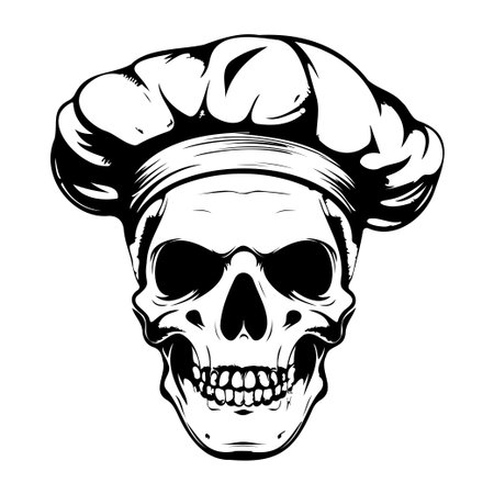 Eye-catching vintage skull design featuring a chef hat, perfect for culinary-themed projects, Halloween decor, or creative artwork.のイラスト素材