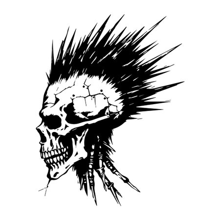 This striking illustration features a punk skull with spiky hair, showcasing a grungy texture perfect for alternative fashion and art projects.のイラスト素材