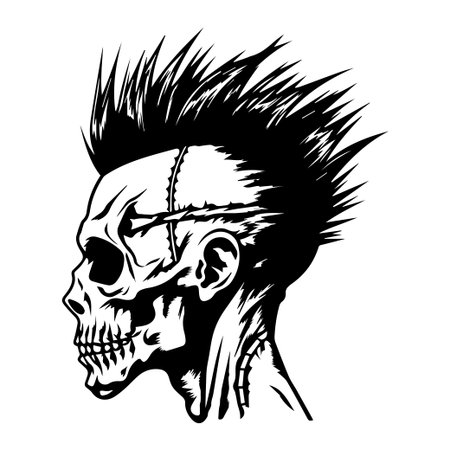 Intricate black and white skull design showcases a striking mohawk hairstyle, ideal for creative artwork, tattoos, and edgy illustrations.のイラスト素材