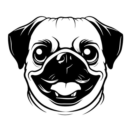 This graphic illustration of a playful pug dog showcases a charming and cheerful expression, perfect for various design projects and pet-themed media.のイラスト素材