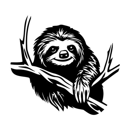This charming illustration features a sloth perched on a tree branch, depicted in a striking black and white style. Ideal for wildlife lovers!のイラスト素材