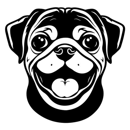 This charming illustration features a playful pug face in black and white, perfect for pet lovers and creative projects. The joyful expression captures the essence of this beloved breed, making it suitable for various designs.のイラスト素材