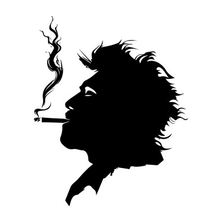 Artistic silhouette of a person exhaling smoke from a cigarette, showcasing a messy hairstyle and a calm demeanor in a creative style.のイラスト素材