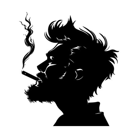 A striking silhouette of a man enjoying a cigarette, featuring dynamic hair and expressive facial characteristics, ideal for creative projects.のイラスト素材