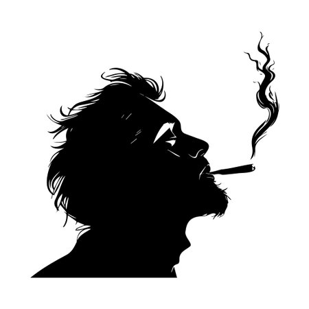 A captivating artistic silhouette of a man in profile, exhaling intricate smoke from a cigarette, evoking deep thought and emotion.のイラスト素材