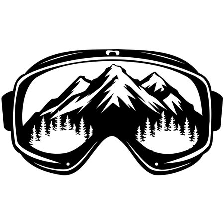 This striking black and white illustration features ski goggles with a detailed mountain landscape and forest inside the lenses, evoking winter adventures.のイラスト素材