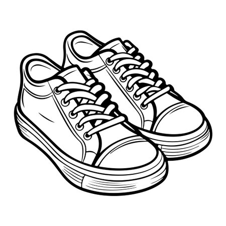 This black and white outline drawing features a classic pair of canvas sneakers. Perfect for design projects, apparel, or branding materials.のイラスト素材