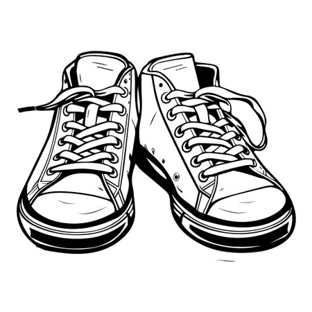 This hand-drawn illustration features stylish sneakers with classic design, perfect for fashion themes, prints, or casual wear concepts.のイラスト素材