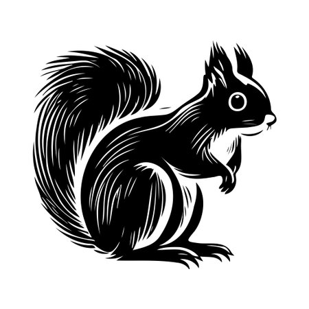 This artwork features a sleek black and white silhouette of a squirrel, showcasing its detailed fur patterns in an artistic and minimalist style.のイラスト素材