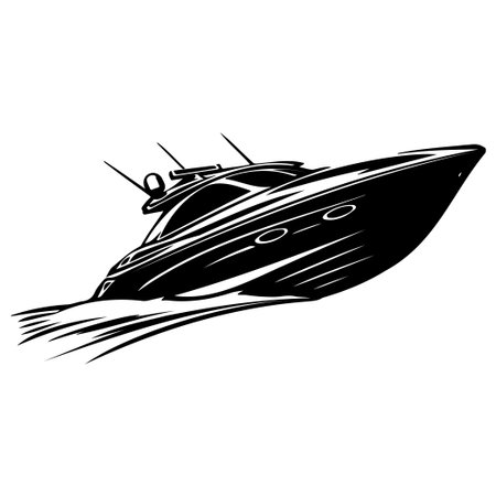 This graphic features a sleek silhouette of a luxury motorboat gracefully cutting through the waves, ideal for marine-themed designs.のイラスト素材