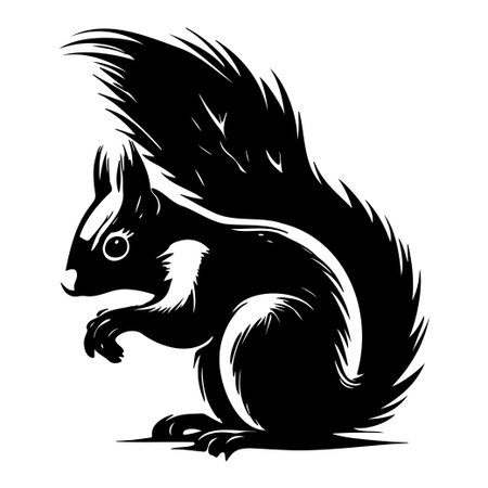 This black and white silhouette illustrates a charming squirrel in a classic pose, showcasing its fluffy tail and adorable features against a minimalist backdrop.のイラスト素材