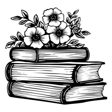 This detailed black and white illustration features stacked vintage books adorned with beautiful flowers, perfect for artistic decor or education themes.のイラスト素材