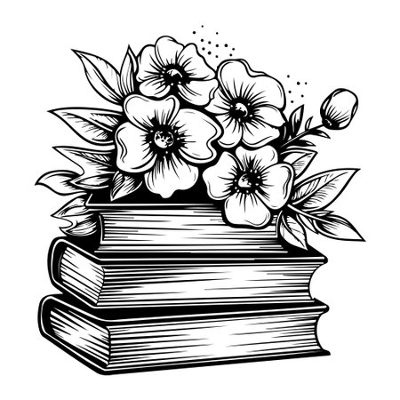 This vintage-style illustration features a stack of books adorned with beautiful flowers and foliage, perfect for art projects and home decor.のイラスト素材