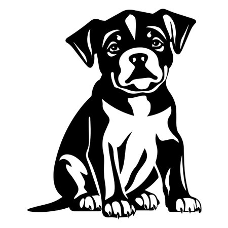 This black and white illustration captures the charm of a sitting puppy with bright eyes, perfect for pet-themed art or decoration.のイラスト素材