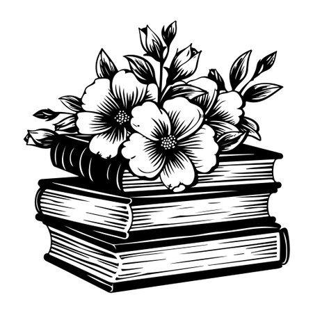 A captivating black and white illustration showcasing a lovely arrangement of flowers atop vintage books, perfect for educational themes and decor.のイラスト素材