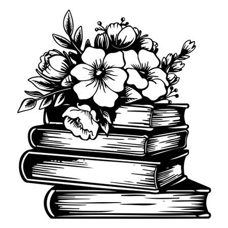 A charming black and white illustration featuring a stack of vintage books adorned with a beautiful assortment of flowers, ideal for artistic projects related to literature and nature.のイラスト素材