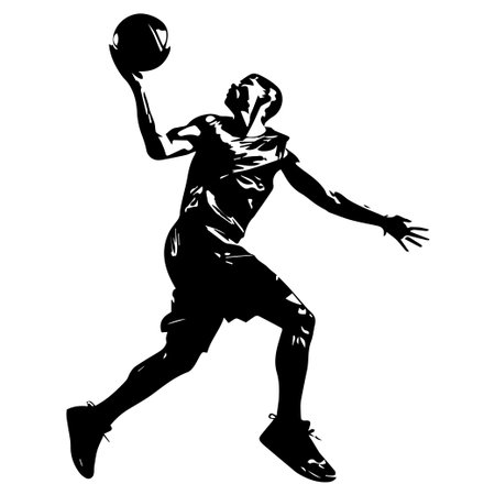 A striking silhouette captures the essence of a basketball player performing an incredible jump shot, showcasing athletic prowess and dynamic energy.のイラスト素材