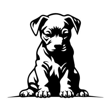 This charming black and white illustration depicts a cute puppy sitting gracefully, perfect for pet lovers and animal-themed projects.のイラスト素材