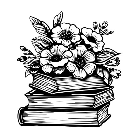 This vintage black and white illustration features a stack of books interwoven with a beautiful floral arrangement, perfect for artistic projects.のイラスト素材