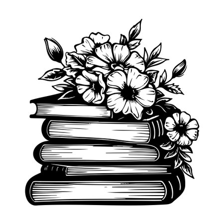 This artistic illustration features a stack of books adorned with beautiful flowers, perfect for educational themes and home decor.のイラスト素材
