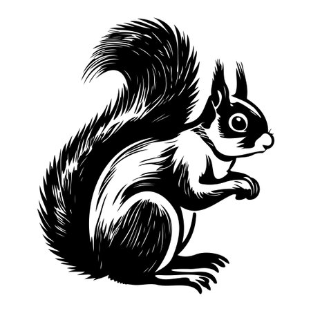 This intricate black and white illustration captures the charm of a squirrel with a fluffy tail, showcasing the beauty of wildlife art and nature.のイラスト素材