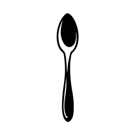 A simple black silhouette of a spoon stands out against a white background, ideal for culinary projects and kitchenware designs.のイラスト素材