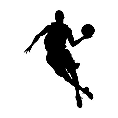 This striking silhouette captures the dynamic energy of a basketball player in mid-air, emphasizing athletic skill and competitive spirit.のイラスト素材