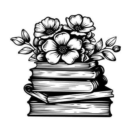 This vintage black and white illustration depicts a charming stack of books adorned with beautiful flowers, perfect for artistic designs and decorations.のイラスト素材