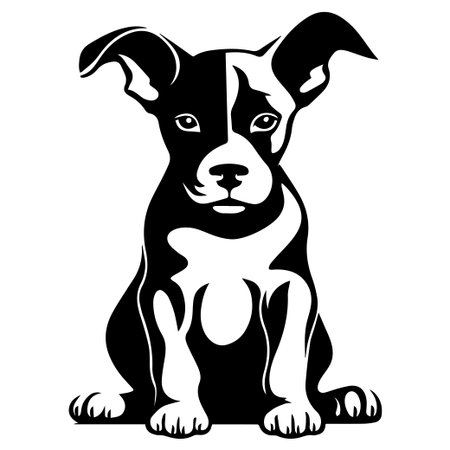 Charming black and white illustration of a playful puppy sitting down, showcasing its adorable features and captivating expression, perfect for pet-themed designs.のイラスト素材