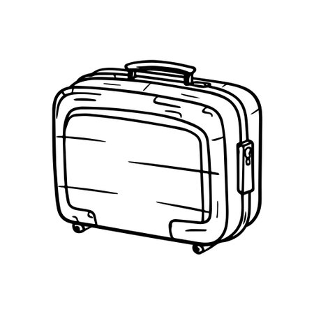 This hand-drawn black and white illustration of a modern suitcase features a sleek design with wheels and a handle, suitable for travel-themed projects.のイラスト素材