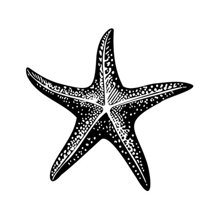 This black and white starfish illustration features intricate texture and detail, making it a perfect fit for marine-themed projects and designs.のイラスト素材