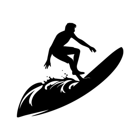 Explore the dynamic essence of surfing captured in a striking silhouette image. A surfer skillfully rides a wave symbolizing freedom and adventure.のイラスト素材