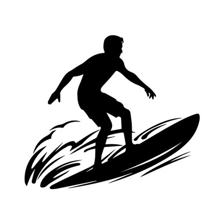 A stylized silhouette of a surfer expertly balancing on a surfboard, riding the crest of a wave, captures the thrill of water sports and adventure.のイラスト素材